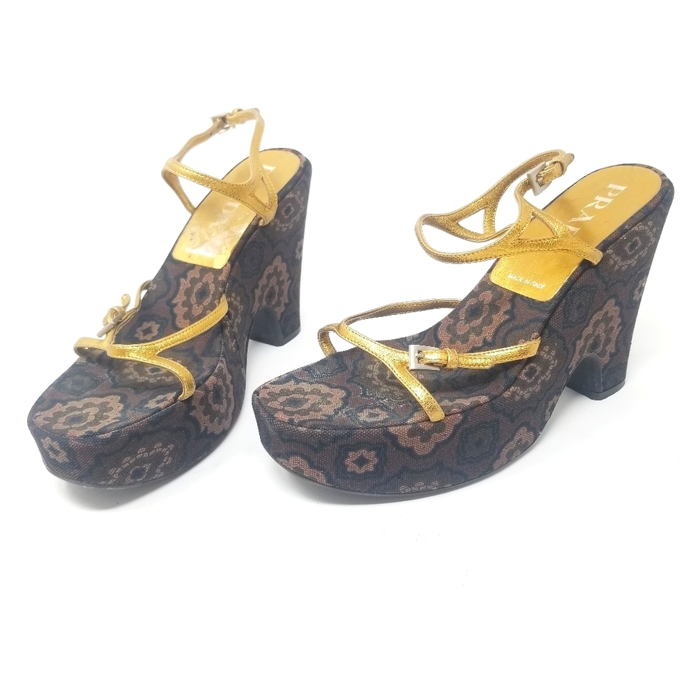 Prada Square Toe 90s y2k Tapestry Platform Wedges